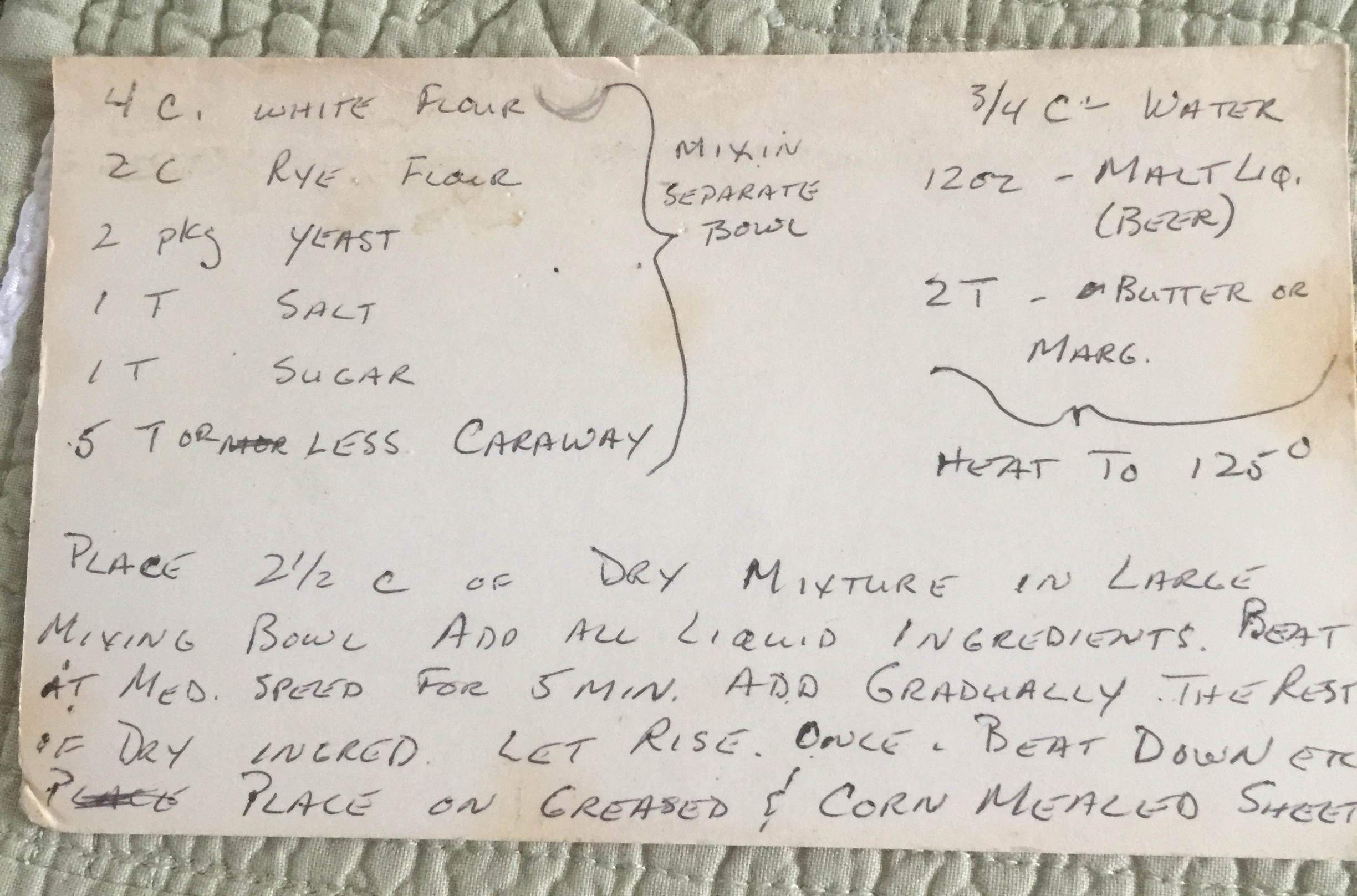 index card with rye bread recipe